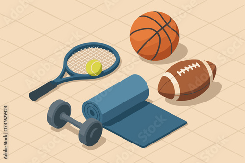 Isometric sports including dumbbell football tennis yoga mat illustration floor vector gear