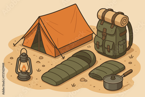 Arranged including camping layout bag cooking tent pot gear vector illustration sleeping