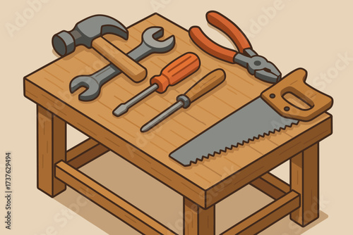 Workshop wooden hammer vector screwdriver placed pliers tools wrench illustration display