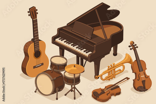 Harmony together violin trumpet piano illustration vector instruments harmonious musical placed including