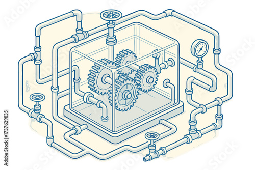 Illustration machine gears layout transparent inner connected showing logical vector pipes valves