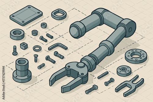 Laid assembly robotic perspective illustration joints shown vector connections blueprint arm