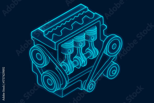 Illustration illustrated style glowing schematic belts cylinders car simplified engine vector