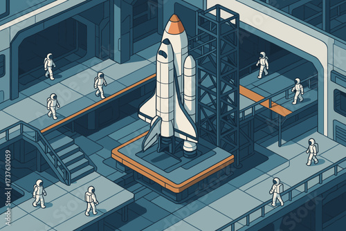 Isometric launch spaceship dock platforms docking illustration bay space walking vector astronauts