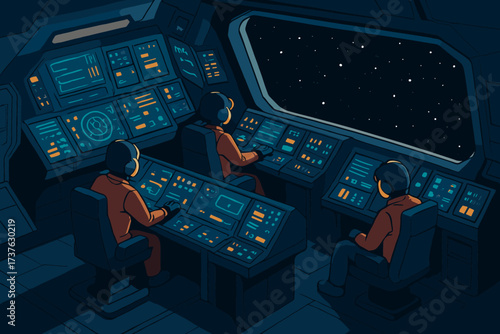 Glowing outside viewing pilots stars illustration room spaceship control vector