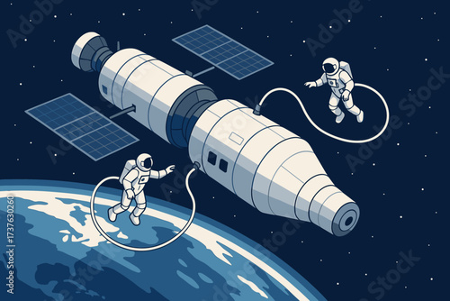 Illustration vector simple earth spacewalk adventure to while connected spaceship astronauts orbiting