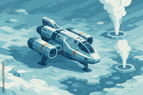 Erupting nearby futuristic craft geysers spaceship landing exploration vector planet illustration ice