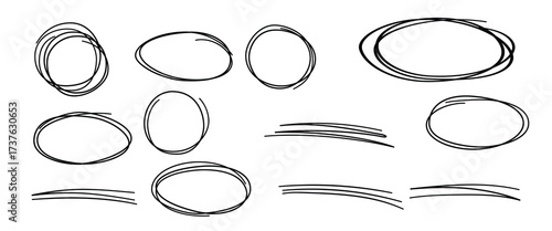 Hand drawn scribble lines, circles and ovals. Doodle sketch underlines. Highlight circle frames. Ellipses in doodle style. Set of vector illustration isolated on white background