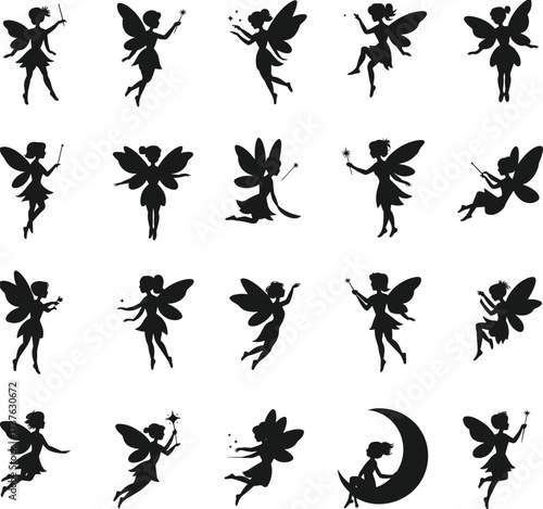 Fairy silhouette collection, magical fantasy characters with wings and wands, black and white illustrations for design, decoration, children and stories