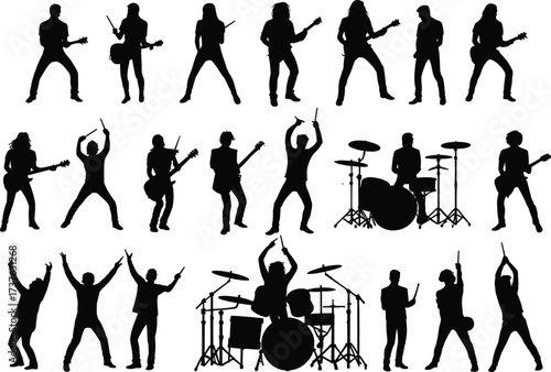 Rock band silhouettes with musicians playing guitar and drums, concert performance illustration, music festival design element in black and white