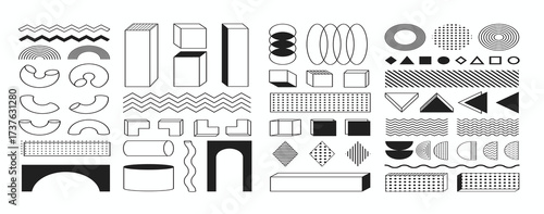 Memphis abstract shapes and forms, geometric flat and 3d figures, sticker set, retro decorative vector graphic elements.
