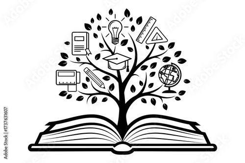Symbolic tree of wisdom and education growing from an open book
