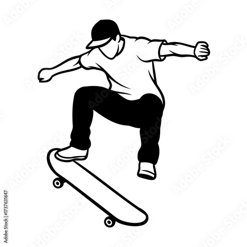 Stylized black and white illustration of a skateboarder performing a jump trick in mid-air