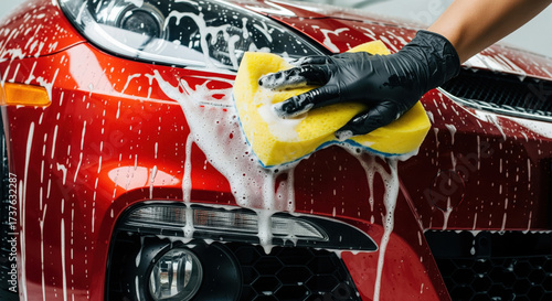 Person washing red car with sponge and soap suds