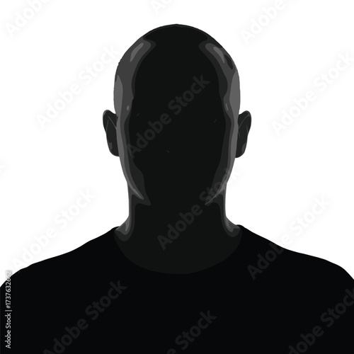 Silhouette portrait of man facing forward, minimal dark outline, shaved head, mysterious expression, isolated on white background, modern abstract style