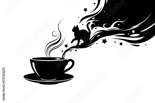 Mystical black cat silhouette emerges from a magical coffee cup aroma with stars