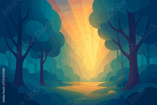Illustration light shining trees between rays forest gradient clearing illuminated vector