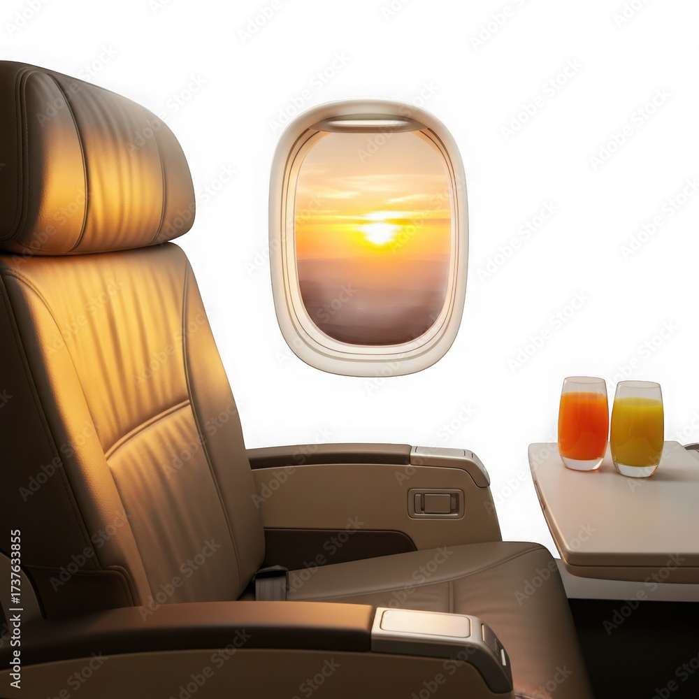 Fototapeta premium Airplane seat and window with sunset view and drinks on tray table isolated on transparent background