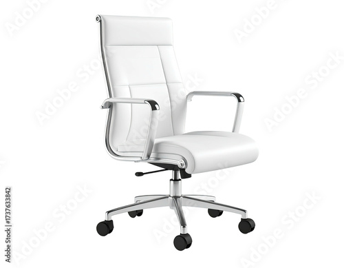 Glossy white leather office chair, with chrome arms and base. Isolated, black BG