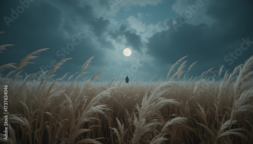 Solitary figure standing in a field of tall grass under a full moon at nighttime