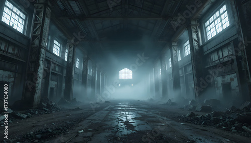 Abandoned industrial warehouse interior with fog and light streaming through windows