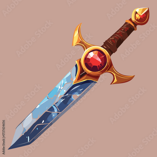 Deep Red Gemstone Sword with Golden Engravings and Fiery Light Reflection on a Brown Background	