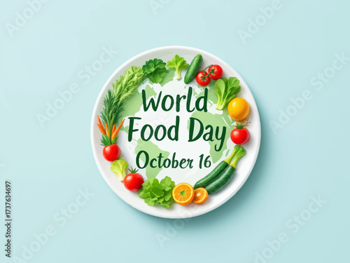 Flat vector illustration World Food Day with typography, plate globe design and vegetables on blue background, clean minimal style for awareness concept