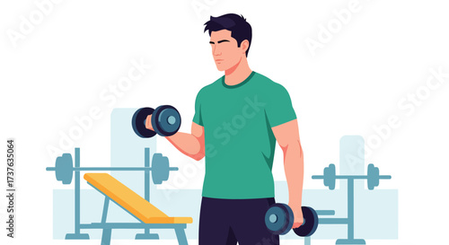 Man Working Out with Dumbbells at the Gym Flat Illustration