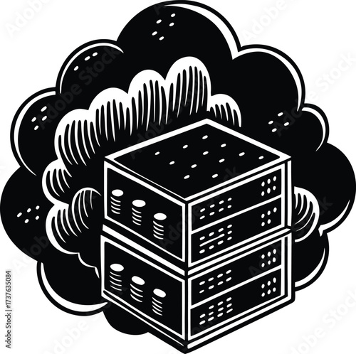 Vintage Line Art Illustration of Cloud Server Hosting – Retro Black and White Data Storage Icon