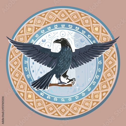 Fierce Heraldic Eagle on a Simple Round Shield, The Black Bird of War Set Against a Gold Field with a Minimalist Blue Pattern Border
