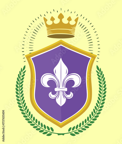 Aggressive Royal Shield, Dominated by a Spiked Gold Crown and Laurel Wreath, Protecting the Central Purple Fleur-de-lis Symbol