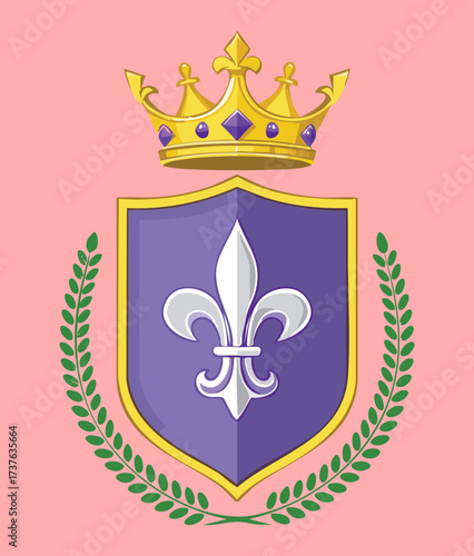 Royal Heraldic Crest or Coat of Arms, Featuring a Golden Crown, Purple Fleur-de-lis, and Green Laurel Wreath on a Triumphant Shield
