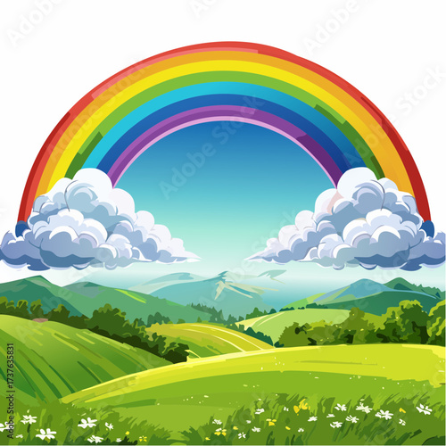 countryside hilly landscape with dark clouds and a vibrant rainbow