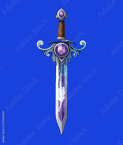 Royal Scepter Sword with an Elegant Blue and Purple Blade, Crowned by a Brilliant Red Gemstone, A Symbol of Authority and Magic