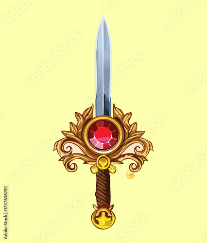 Royal Fantasy Sword with Elaborate Golden Guard and Sparkling Red Gemstone Inlay Set Against a Reflected 
