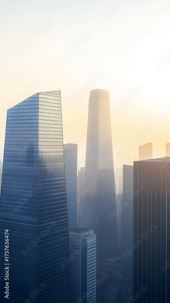 Fototapeta premium Skyscrapers bathed in soft morning light, rising majestically against a clear urban skyline