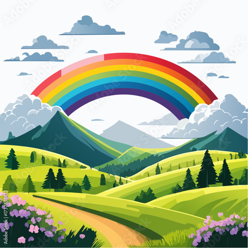 countryside hilly landscape with dark clouds and a vibrant rainbow