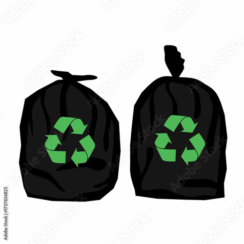 Plastic trash bag with recycling sign isolated on white background. Reusable ecological conservation concept. Vector illustration.