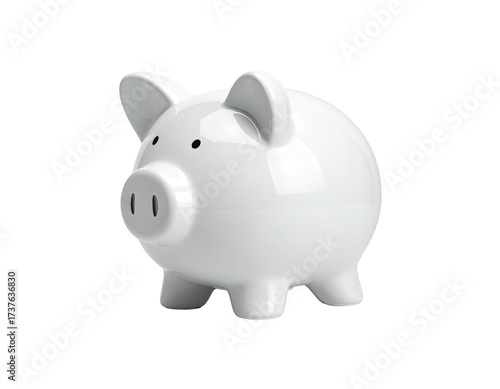 A glossy, white ceramic piggy bank on a dark background
