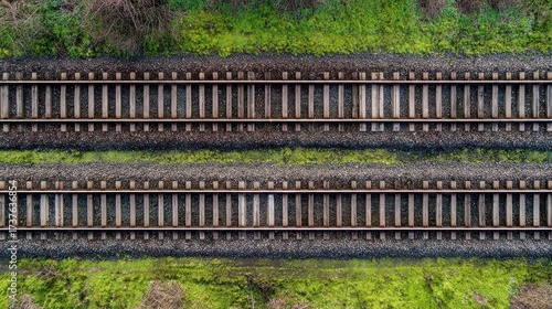 High Angle Aerial View of Multiple Parallel Railway Tracks Surrounded by Greenery