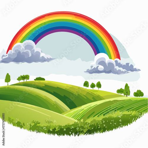 countryside hilly landscape with dark clouds and a vibrant rainbow