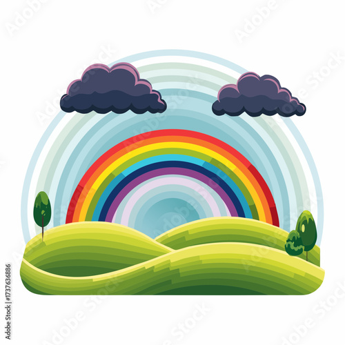 countryside hilly landscape with dark clouds and a vibrant rainbow