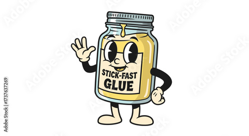 Cartoonish illustration of a friendly anthropomorphic glue jar with retro design style illustration
