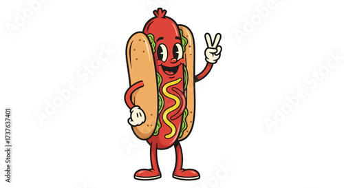 Cartoon Hot Dog Character with Retro Style and Peace Sign for Food Illustration