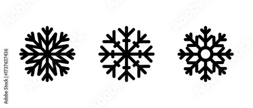 Snowflakes set. Winter crystal ornament with pattern, shape isolated on white background. Snowy decoration elements. Snow flakes for christmas decor. Seasonal minimalist vector illustration