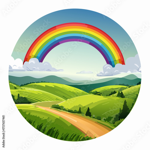 countryside hilly landscape with dark clouds and a vibrant rainbow