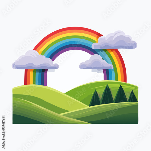 countryside hilly landscape with dark clouds and a vibrant rainbow