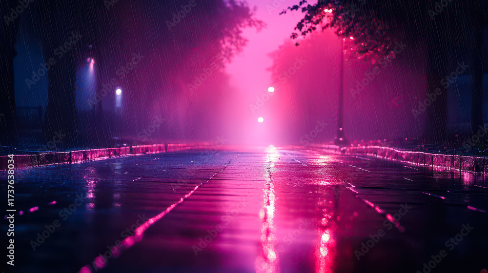 Fototapeta premium Mysterious Dark Street with Wet Asphalt and Neon Pink Reflections in the Foggy Night - Urban Rain Scene, Abstract Lighting, Night Mood