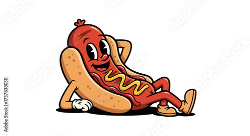 Relaxed retro hotdog cartoon character with mustard and arms on white background