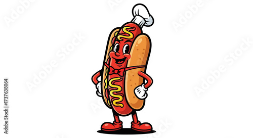 Cartoon Hotdog Character with Chef's Hat and Bowtie Offering a Delightful Culinary Experience